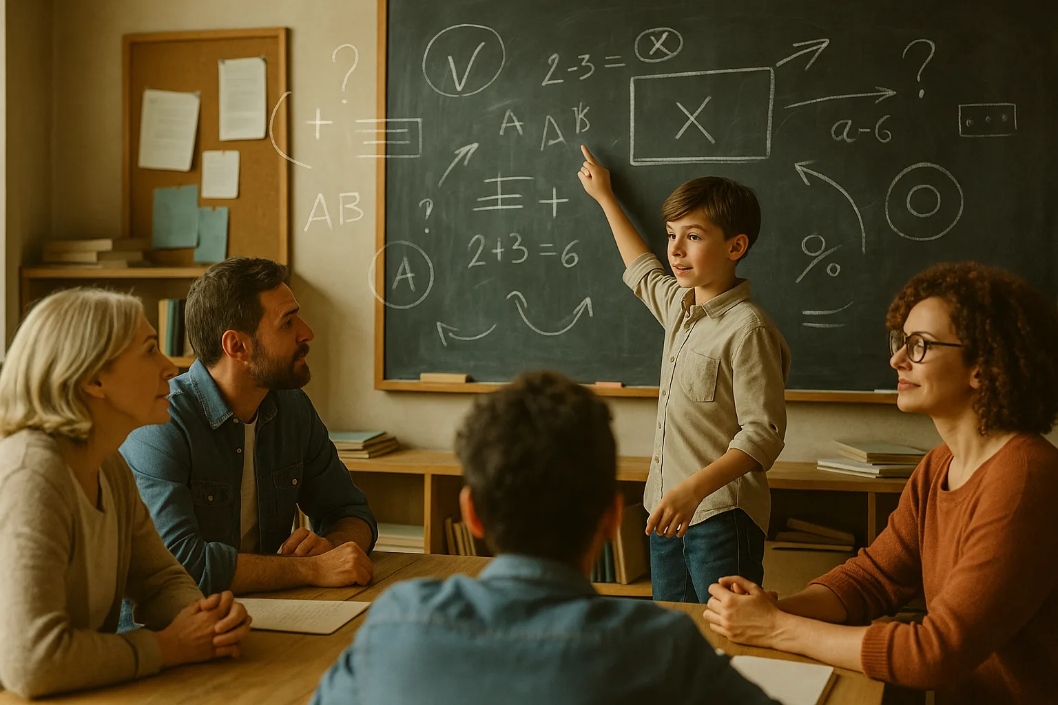 мальчик объясняет задачу взрослым у доски