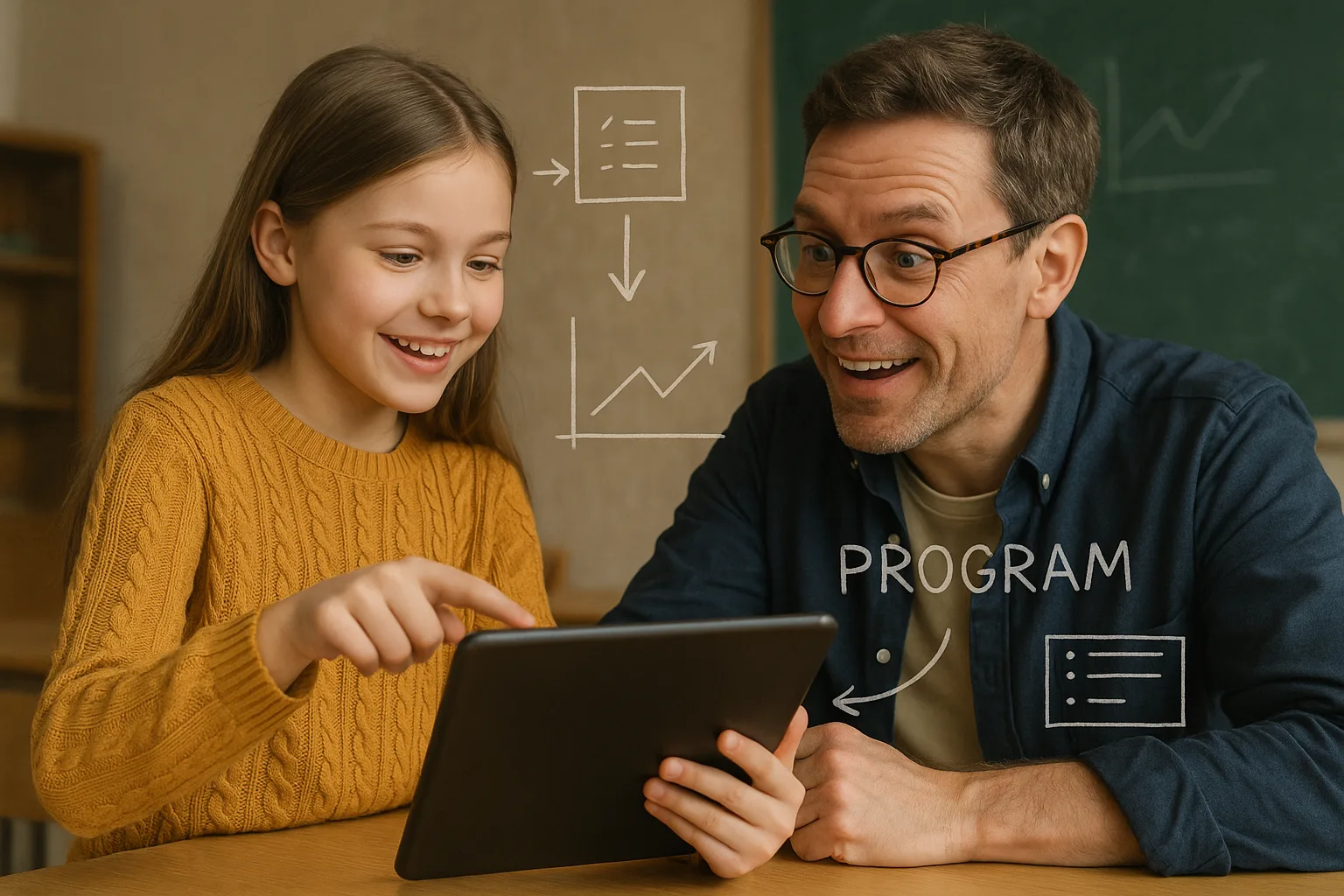 девочка обучает учителя работе с планшетом